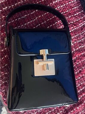 Vintage Black Patent Mini Top-Handle Bag with Gold Hardware